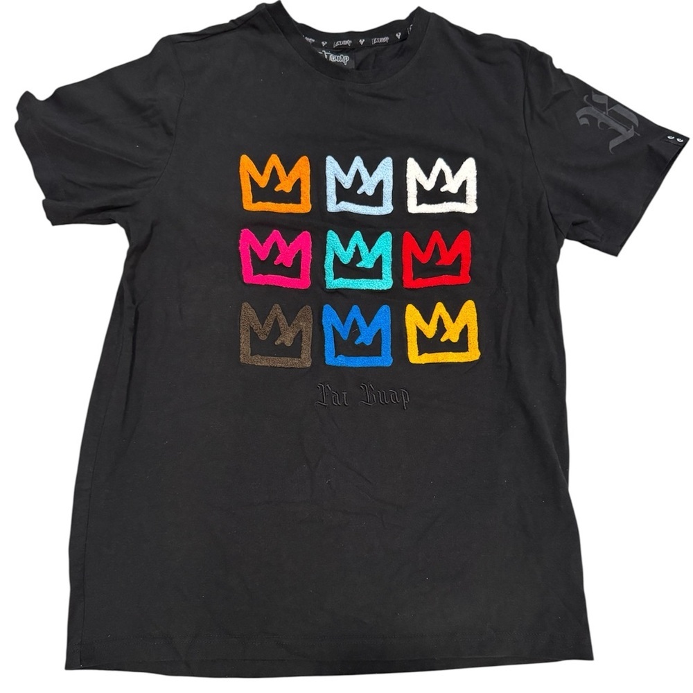 Black T-Shirt with Colorful Crown Design